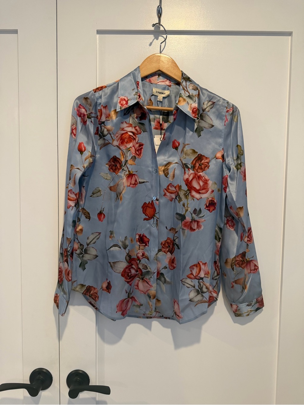 L'AGENCE Blue Floral Silk Button-Down Blouse